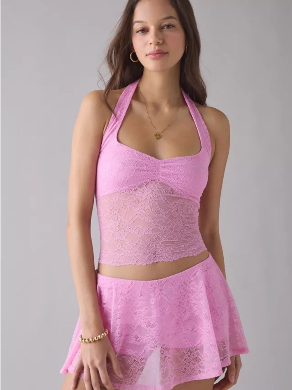 UO Lace Halter Cami and Skirt Set - Pink